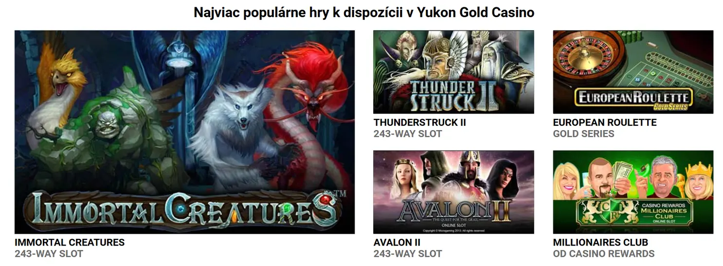 Yukon Gold Casino populárne hry