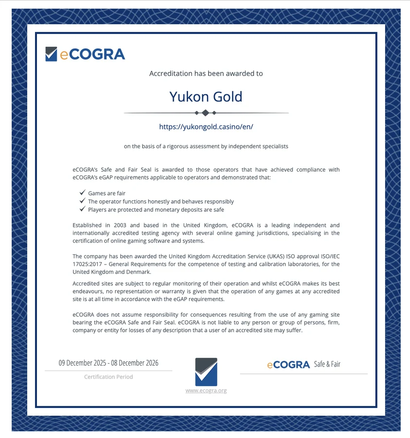 Yukon Gold Casino – eCOGRA certifikát Safe & Fair (2025–2026)