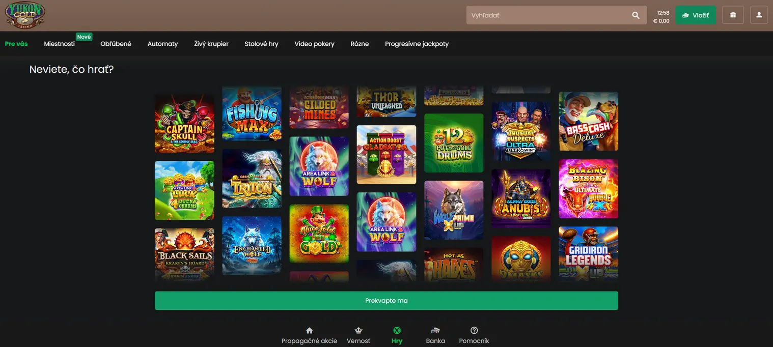 náhodný výber pre yukon gold casino hry