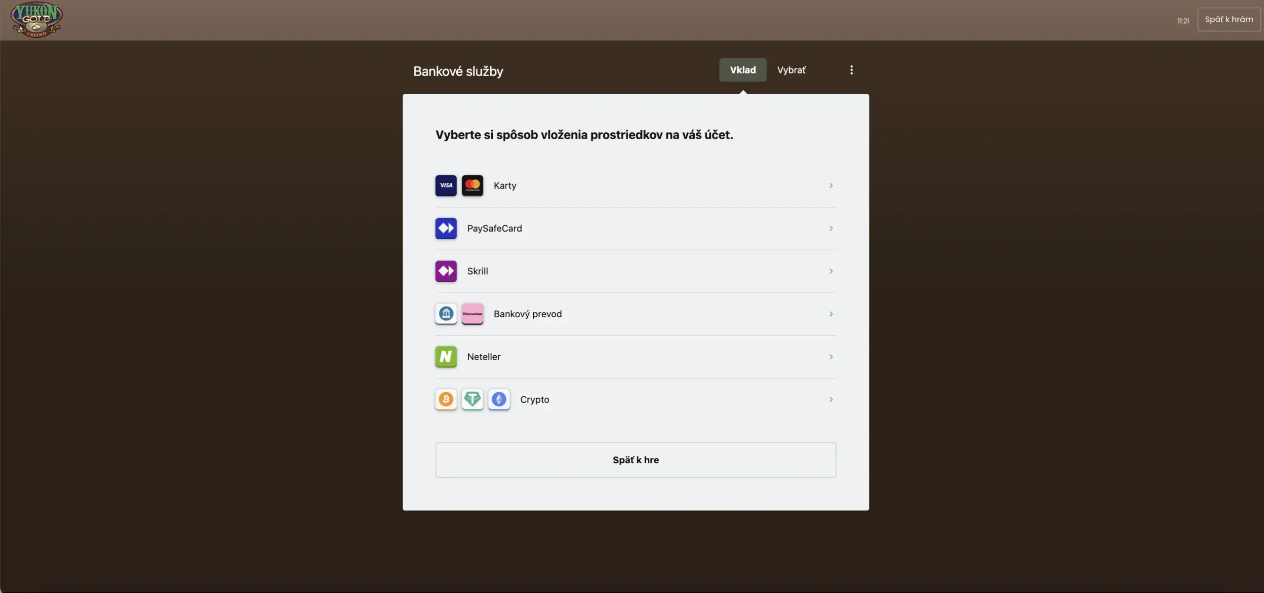 Yukon Gold Casino – výber platobnej metódy v pokladni: karty, PaySafeCard, Skrill, bankový prevod, Neteller a krypto
