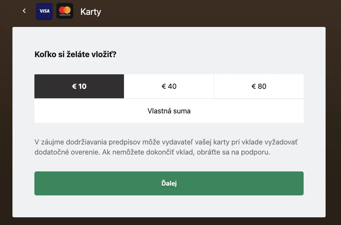 Yukon Gold Casino – vklad kartou Visa a Mastercard a výber sumy vkladu 10, 40 alebo 80 €