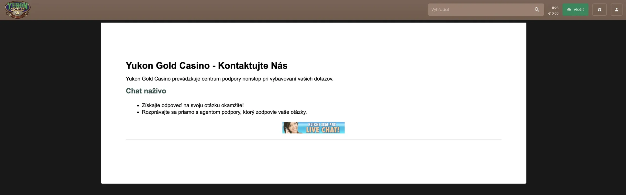 Yukon Gold Casino – zákaznícka podpora (live chat a e-mail)